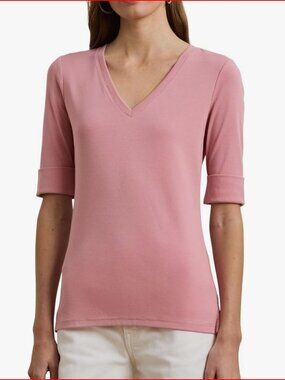 New Lauren Ralph Lauren Stretch Cotton Elbow-Sleeve V-Neck Tee: XL